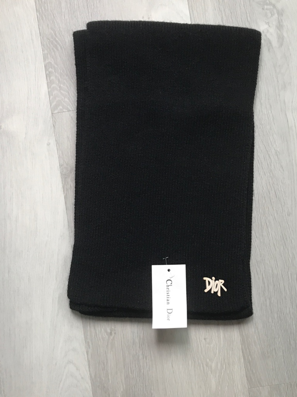 WOMENS BLACK WOOL SCARF RECTANGLE STONE 'DIOR' LOGO